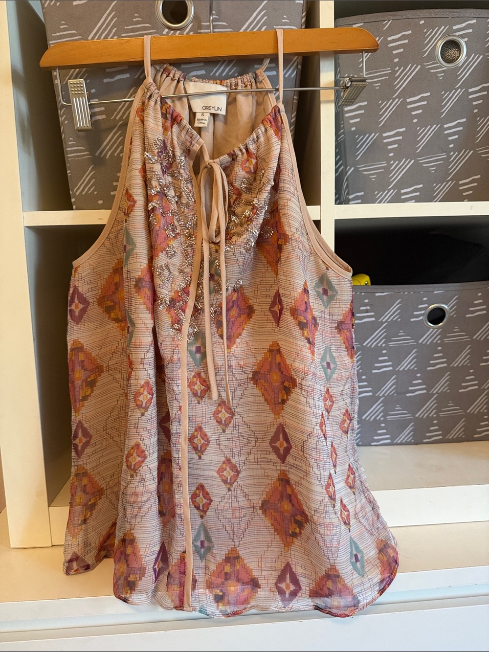 Greylin Silk Pink Multi-Color Beaded Halter Tie Top